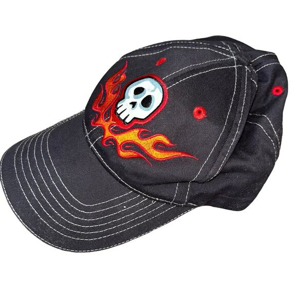 Streetwear skull flames hat cap black embroidered skull Halloween biker … - Picture 2 of 5